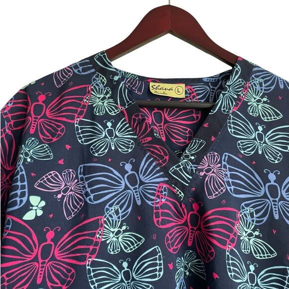 Shana Women Scrub Top L Navy Butterfly Medical Uniform Nurse Workwear Dental - Picture 10 of 11